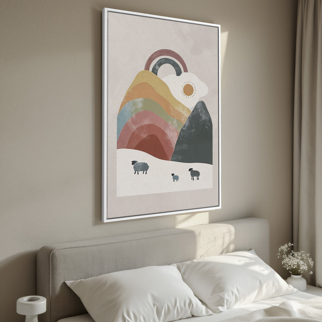 Framed Wall Art: Abstract mountain scene with rainbow and sheep, in a neutral color palette. Perfect for adding a touch of modern art to your bedroom decor.