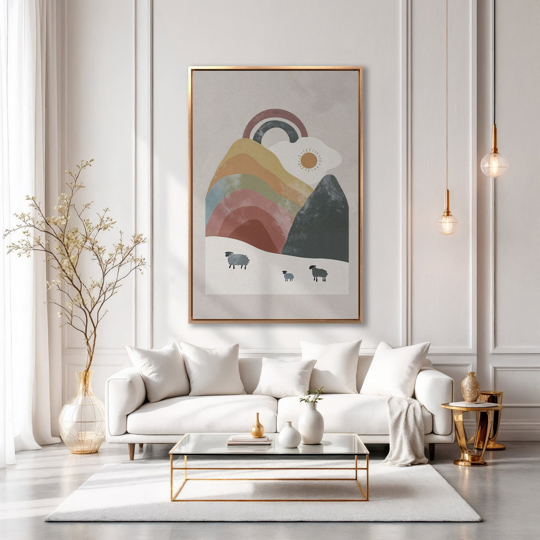 Framed Wall Art: Abstract mountain scene in a modern living room. Earthy tones and a minimalist style create a calming, stylish space. Elevate your decor!