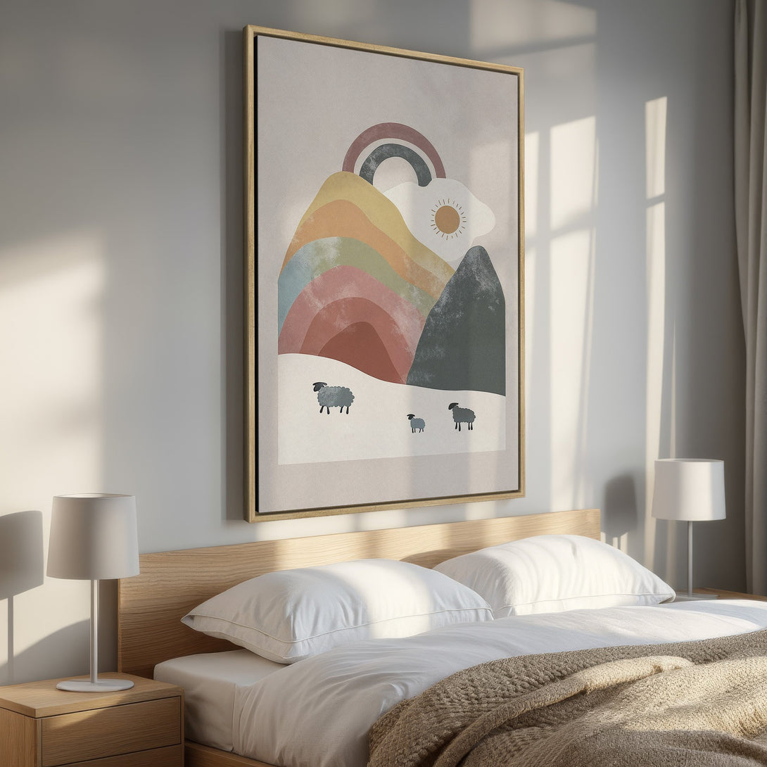 Framed Wall Art: Abstract landscape Canvas Print with rainbow, sheep, and mountains. Pastel color palette, perfect for bedroom decor.
