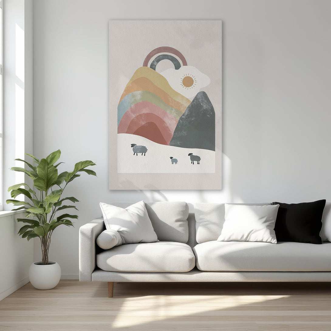 Framed Wall Art: Abstract rainbow landscape with sheep, warm earth tones. Modern canvas print adds cozy charm to any room.