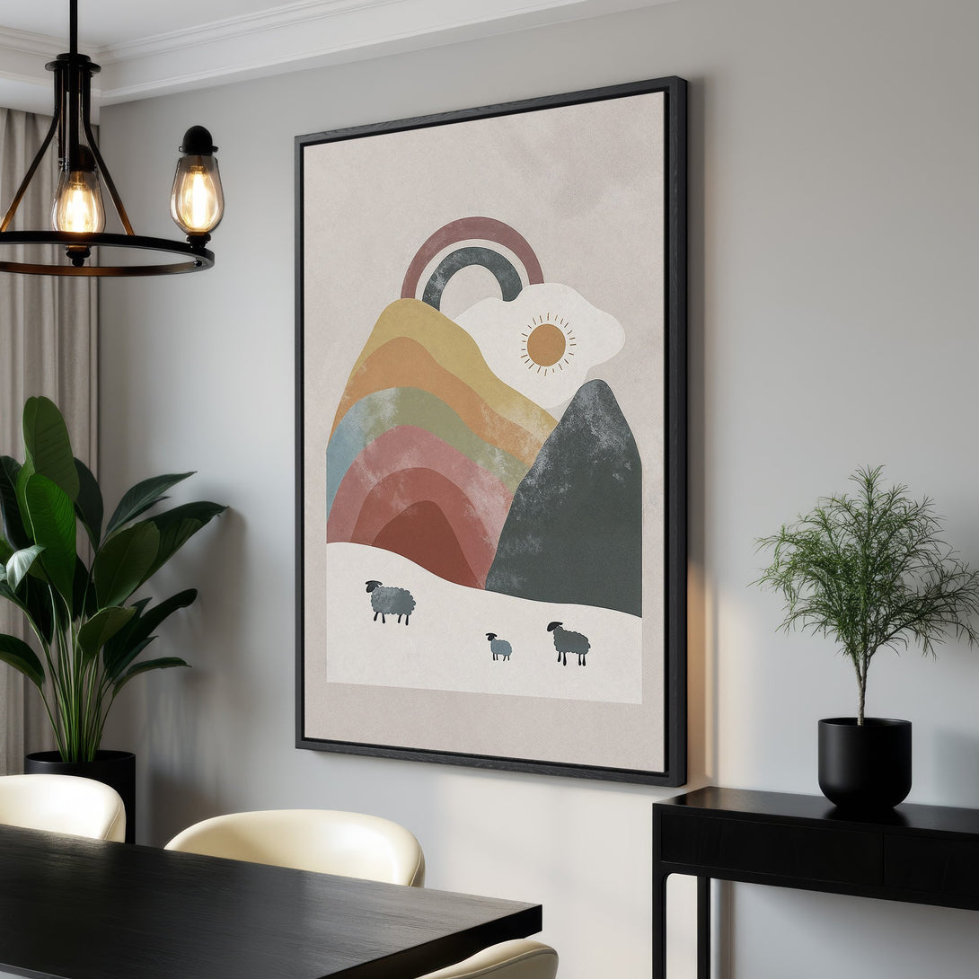 Framed Wall Art: Abstract landscape Canvas Print with rainbow, sheep, and sun in neutral tones. Perfect modern art for your home decor.