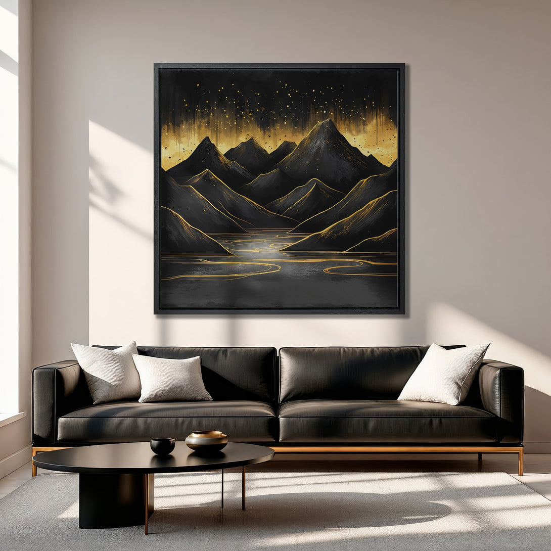 Framed Wall Art: Abstract mountain landscape in black and gold. Modern Canvas Print adds a touch of luxury to any living room. Shop now!