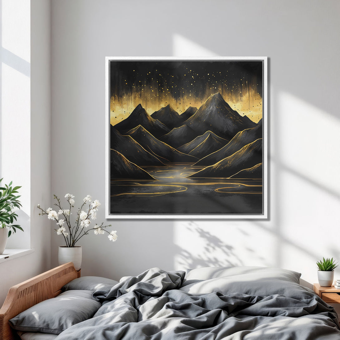 Framed Wall Art featuring abstract mountain landscape in black and gold. Modern art canvas print adds elegance to any bedroom decor.