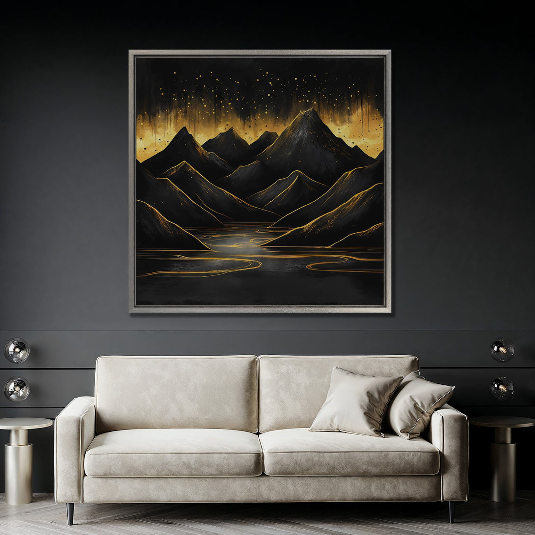 Framed Wall Art: Abstract mountain landscape Canvas Print in black and gold. Modern art with a luxurious, dark color palette. Perfect for home decor.