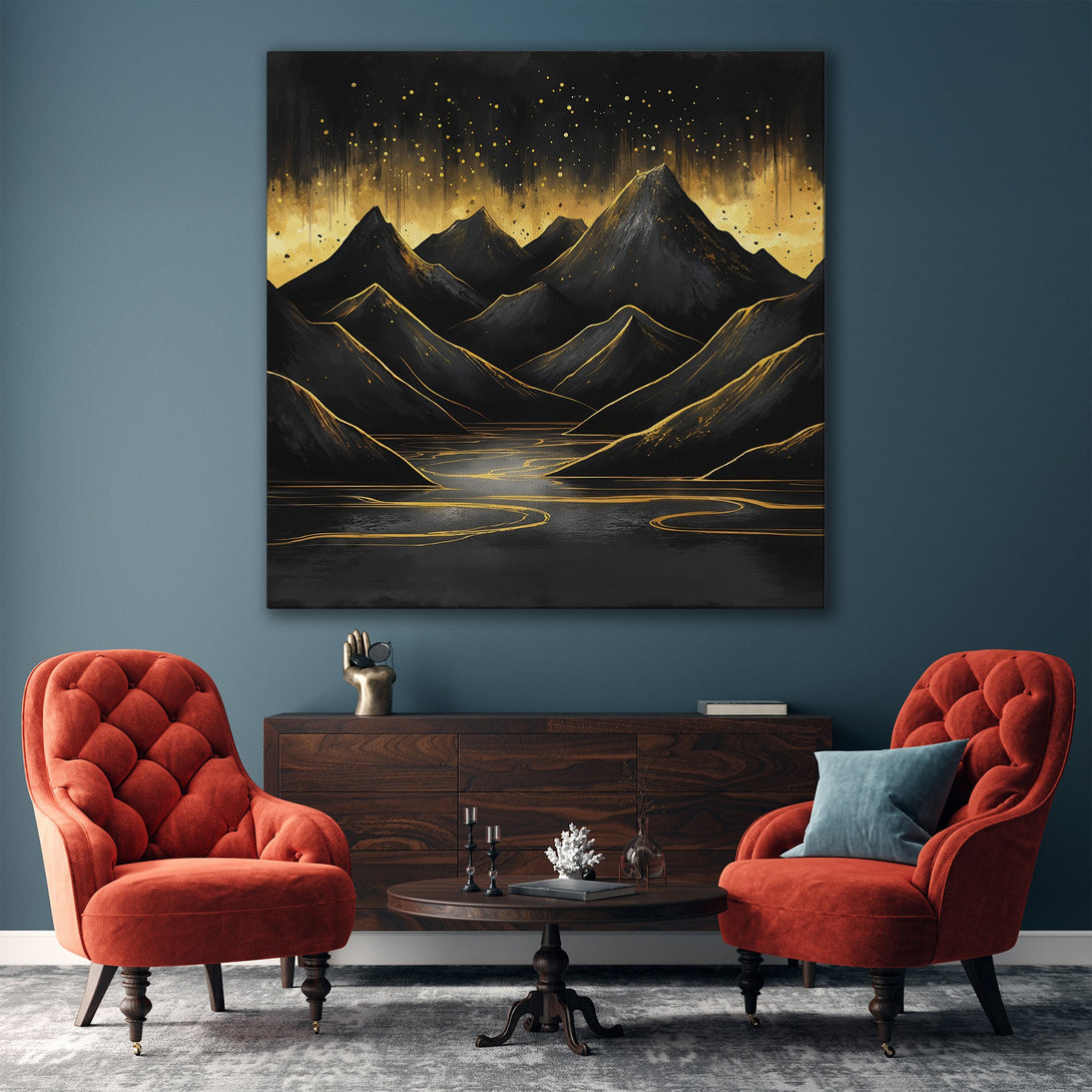 Framed Wall Art: Abstract mountain landscape in black and gold. Modern artwork with a luxurious feel, perfect for living room decor.