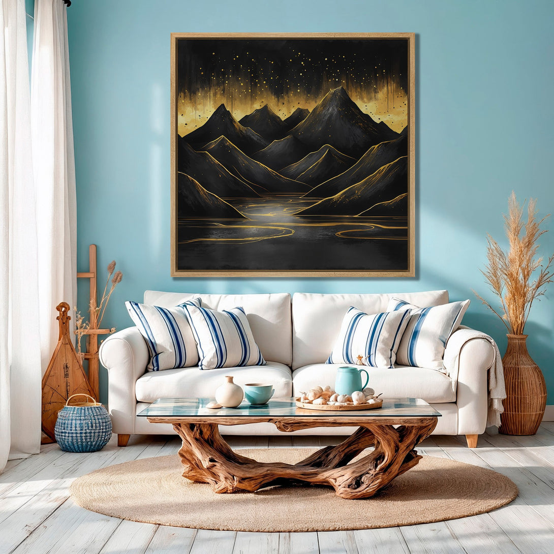 Framed Wall Art featuring a black and gold mountain landscape. Modern abstract art with a luxurious, warm color palette. Perfect for living room decor.