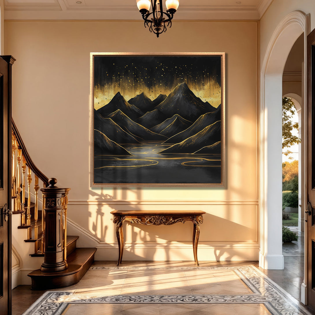 Framed Wall Art: Abstract mountain landscape Canvas Print in black and gold, adding modern elegance to any interior.