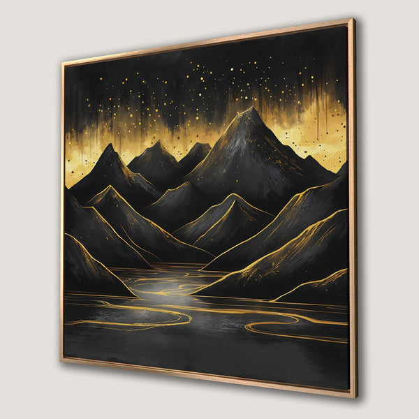 Framed Wall Art: Abstract mountain landscape in black & gold. Modern canvas print adds a touch of luxury to any space. Shop now!