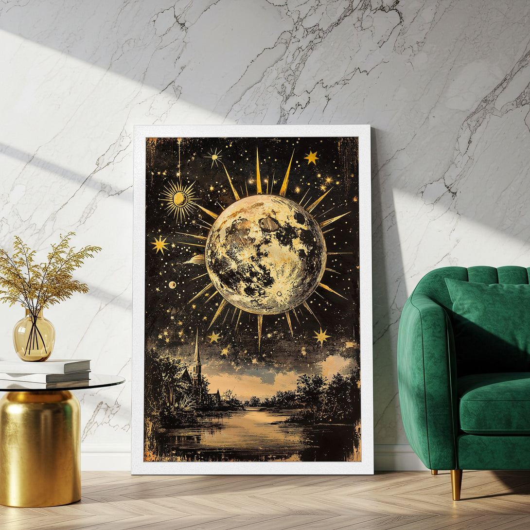 Framed Poster featuring a celestial design with a moon and stars in a vintage style, gold and black color palette.