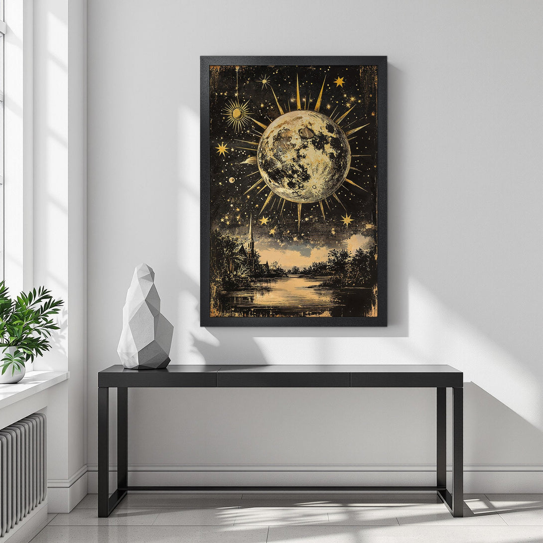 Framed Poster featuring a celestial moon and star design, vintage style with gold and black color palette. Perfect wall art!