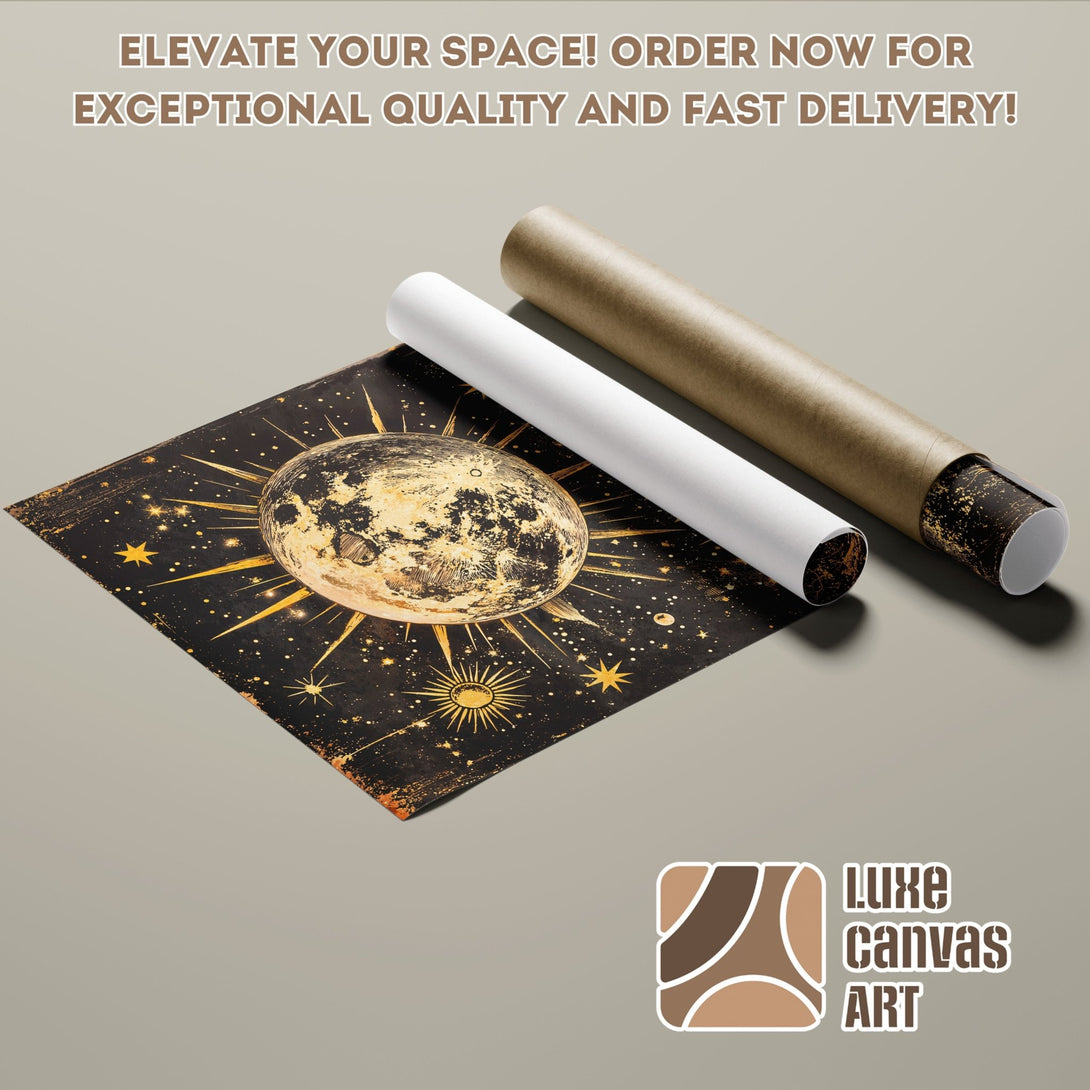Poster Roll featuring a celestial design in gold and black, perfect for adding a touch of luxury to your space.