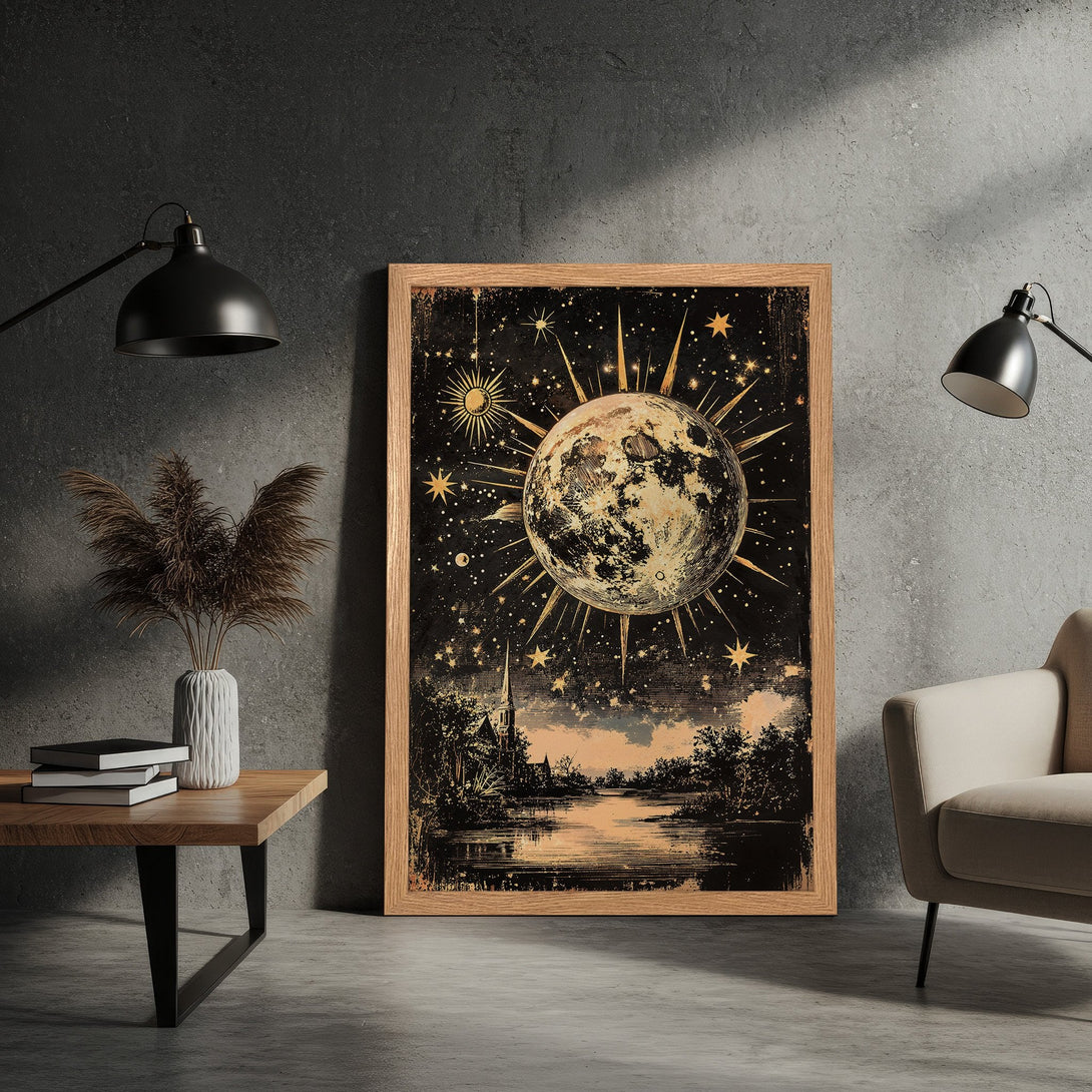 Framed Poster featuring a celestial moon and stars illustration in a vintage style, with a black and gold color palette.