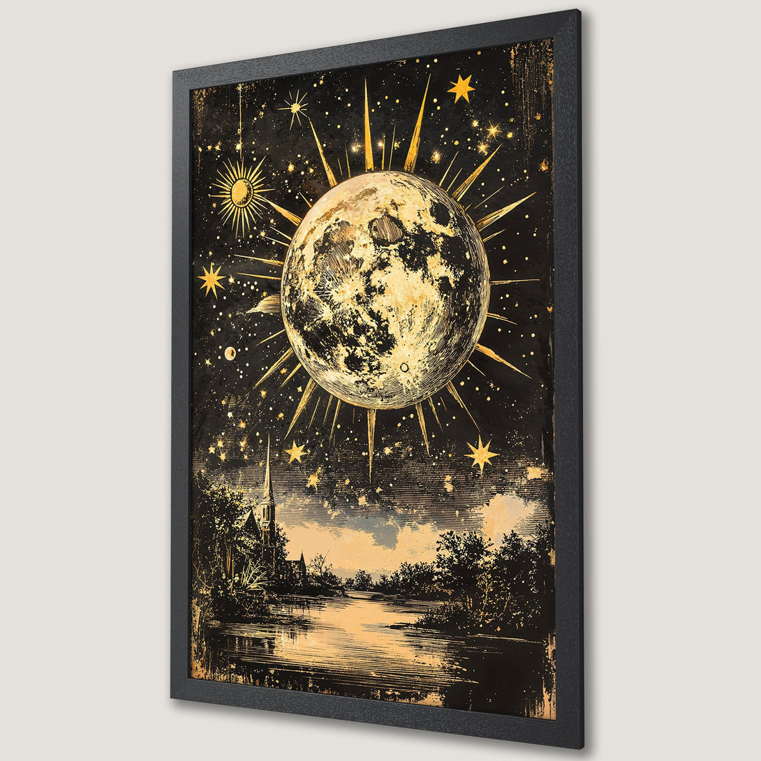 Framed Poster featuring a celestial design with a moon, stars, and landscape in a vintage style, gold and black color palette.