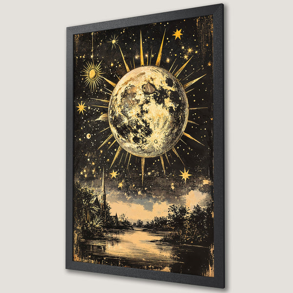 Framed Poster featuring a celestial design with a moon, stars, and landscape in a vintage style, gold and black color palette.