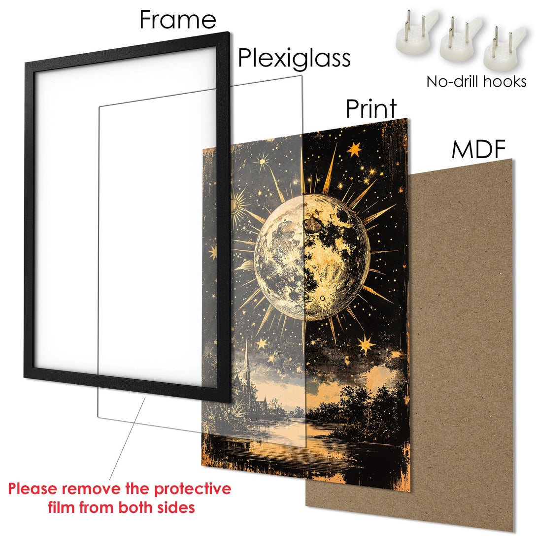 Framed Poster featuring a celestial design with a moon and stars in a vintage style, gold and black color palette.