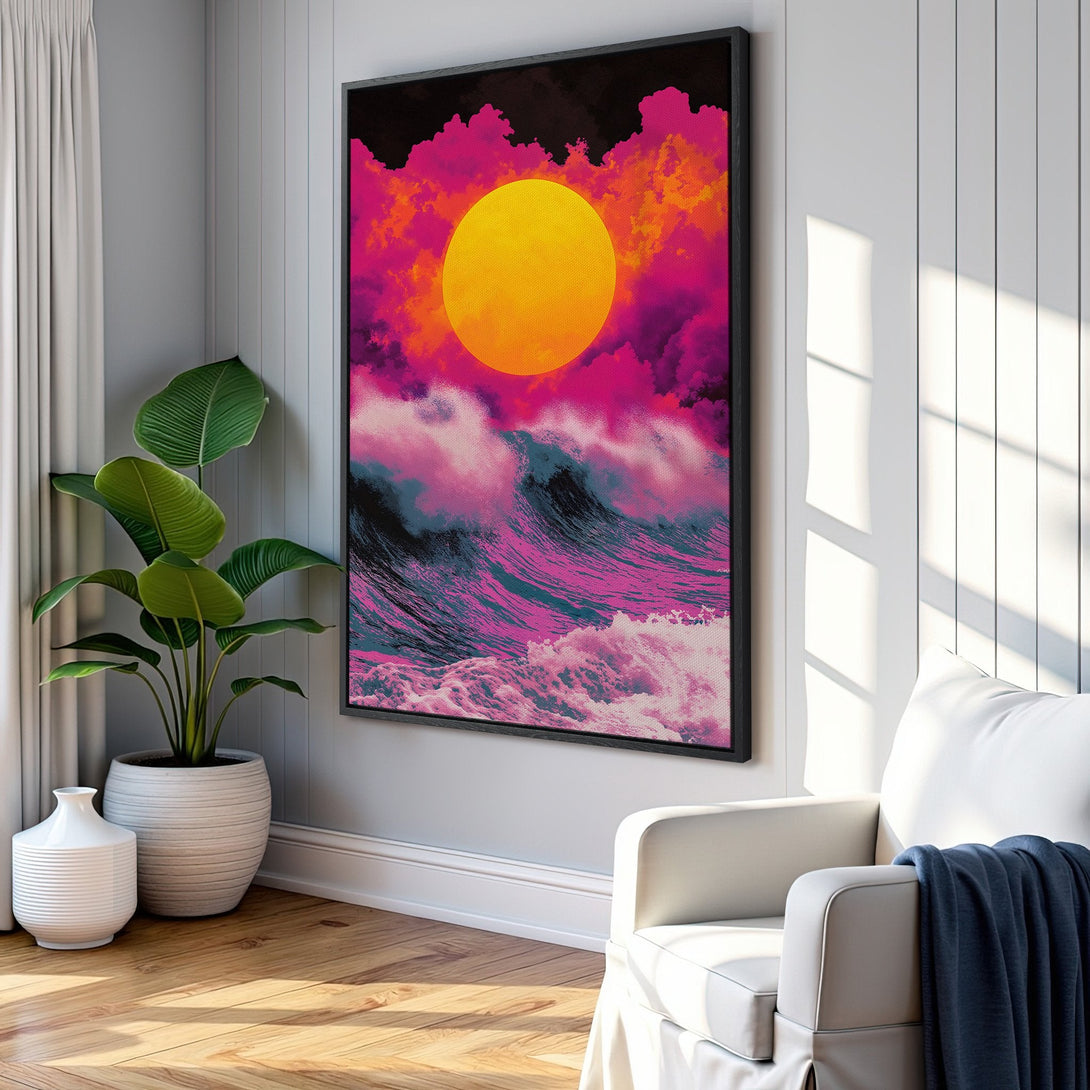 Framed Wall Art: Abstract ocean waves with a vibrant pink, orange, and blue color palette. Modern art for your home.