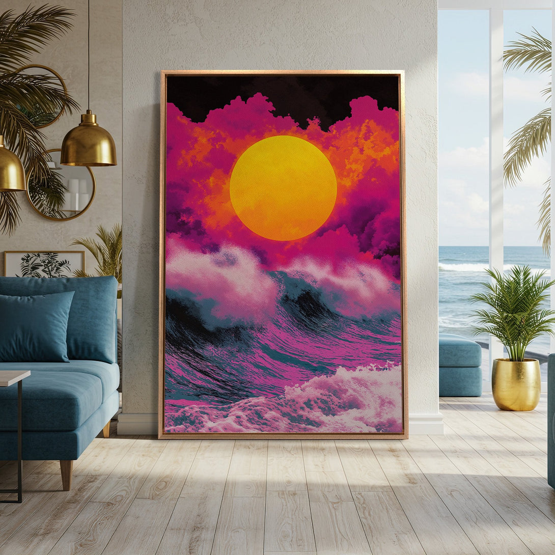 Framed Wall Art featuring a vibrant sunset over ocean waves. Modern art with a pink, yellow, and teal color palette. Perfect for adding a pop of color to your space.