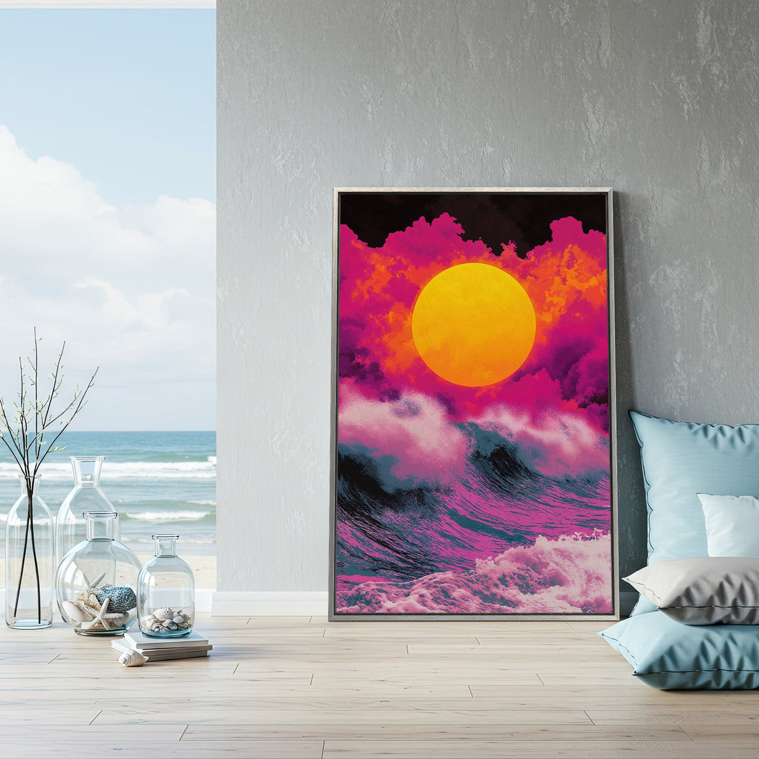 Framed Wall Art featuring a vibrant sunset over ocean waves in a retro style. Bold pink, orange, and blue color palette. Perfect for adding a pop of color!