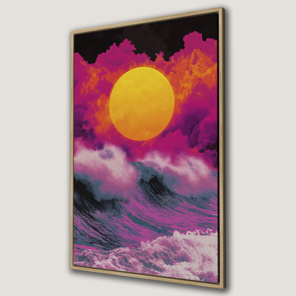 Framed Wall Art: Abstract ocean scene with vibrant pink, orange, and yellow hues. Modern, eye-catching Canvas Print for your home decor.