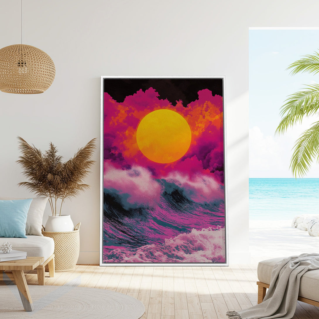 Framed Wall Art: Abstract ocean waves with a vibrant pink, orange, and yellow color palette. Coastal art perfect for adding a pop of color to your home decor.