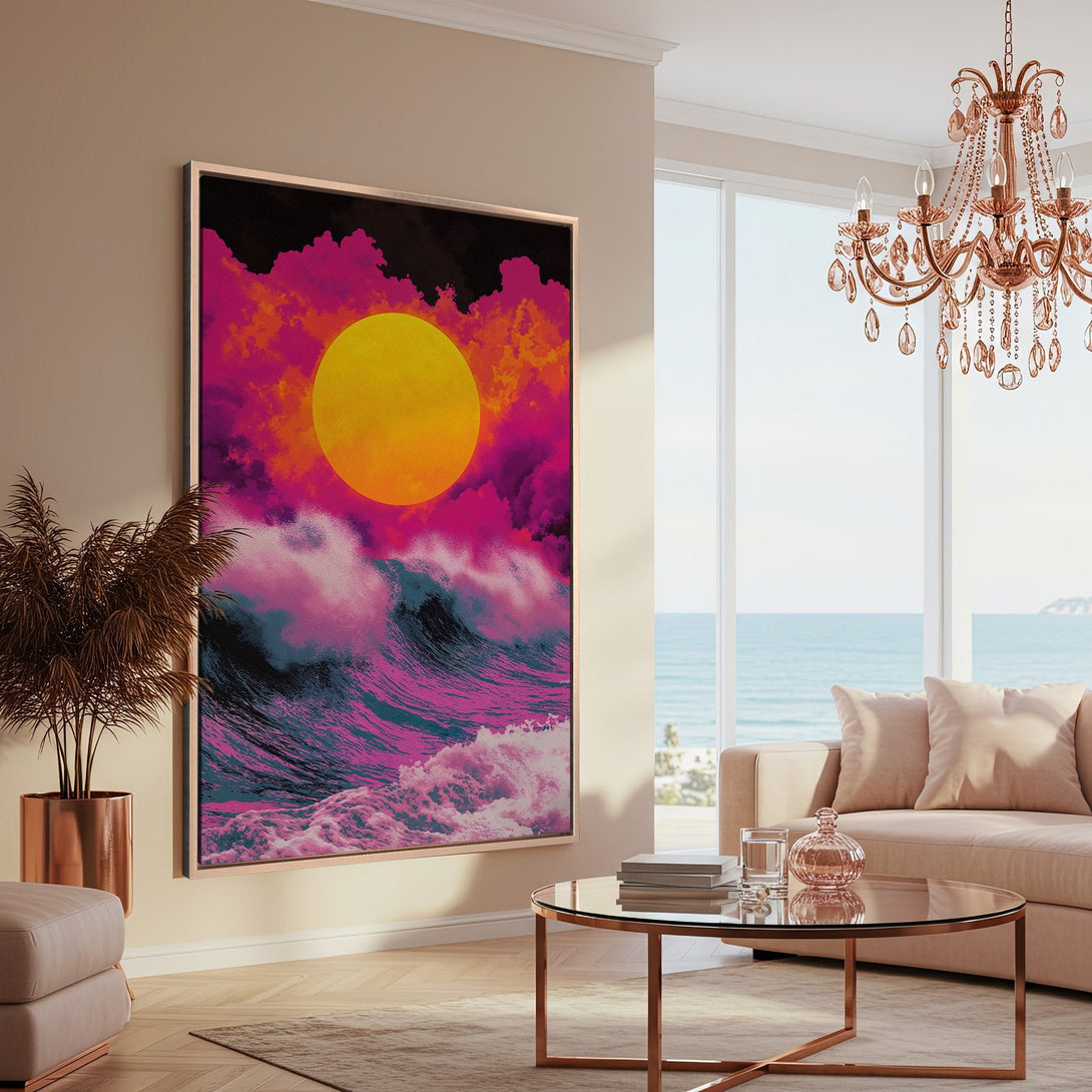 Framed Wall Art: Vibrant sunset over ocean waves. Bold, colorful canvas print in a modern interior. Pink, orange, and blue hues. Add a splash of color to your space!