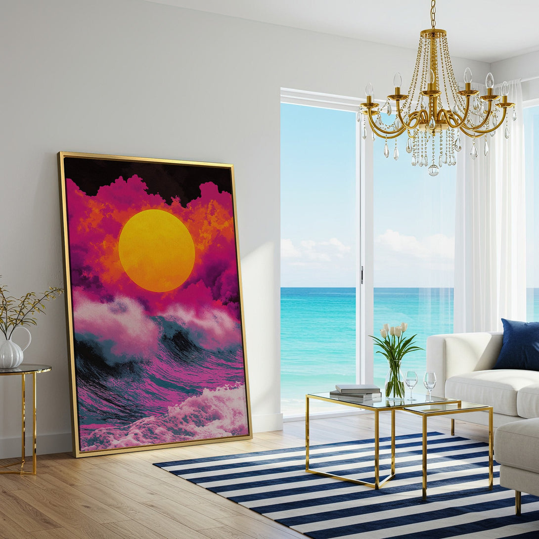 Canvas Print of vibrant sunset over ocean waves, modern art style, featuring pink, orange, and blue hues. Perfect wall decor!