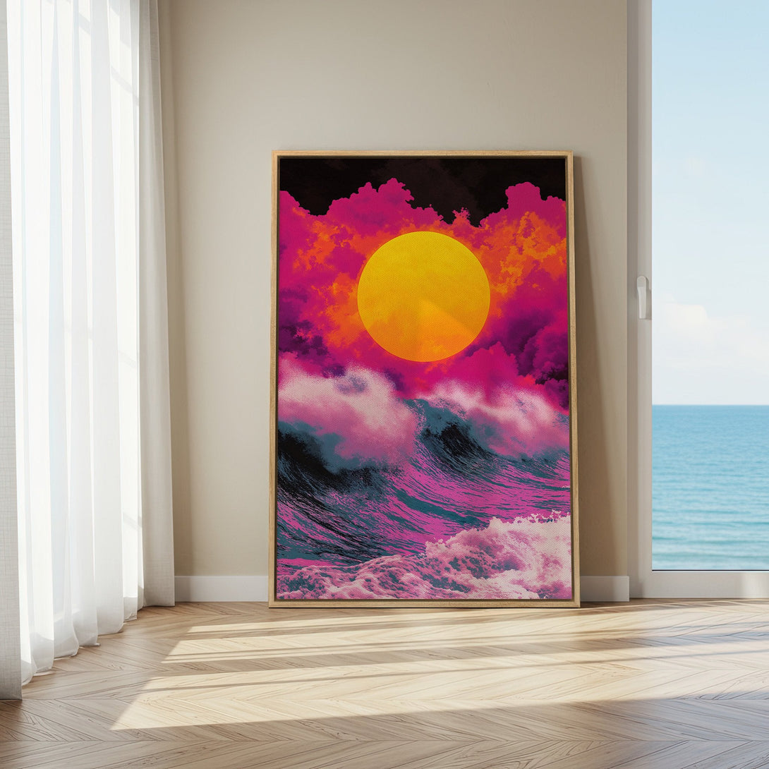Framed Wall Art: Vibrant sunset over ocean waves in pink, orange, and blue. Modern Canvas Print adds a pop of color to any space!