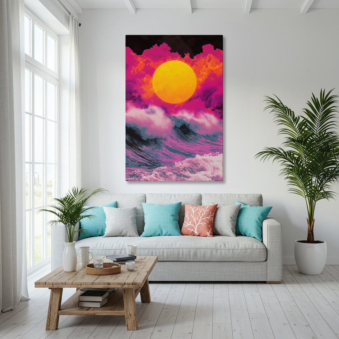 Framed Wall Art: Vibrant sunset over ocean waves in pink, orange, and teal. Modern canvas print adds a pop of color to any interior.