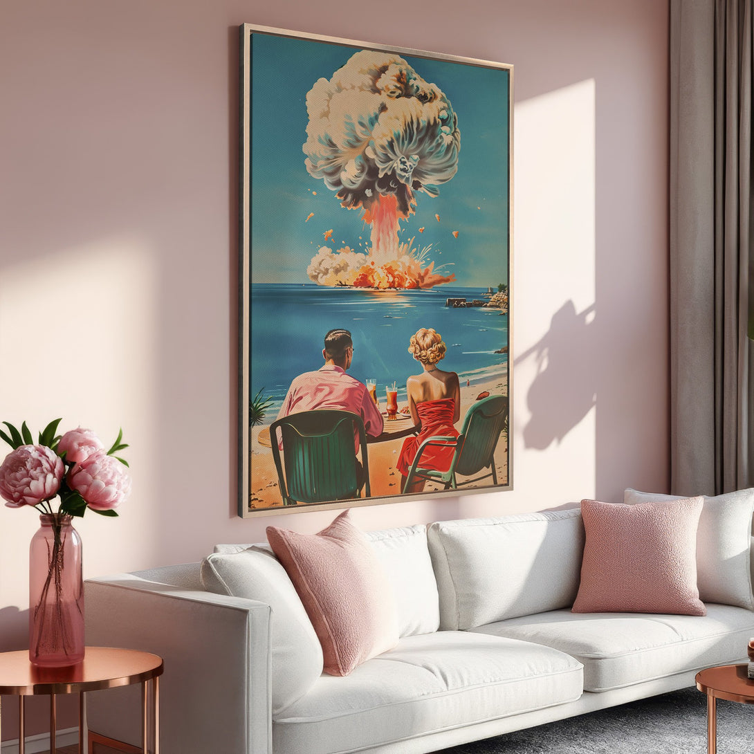 Framed Wall Art: Retro couple on beach watching explosion. Vintage style, vibrant colors. Perfect for living room decor, adding a pop of color and conversation.