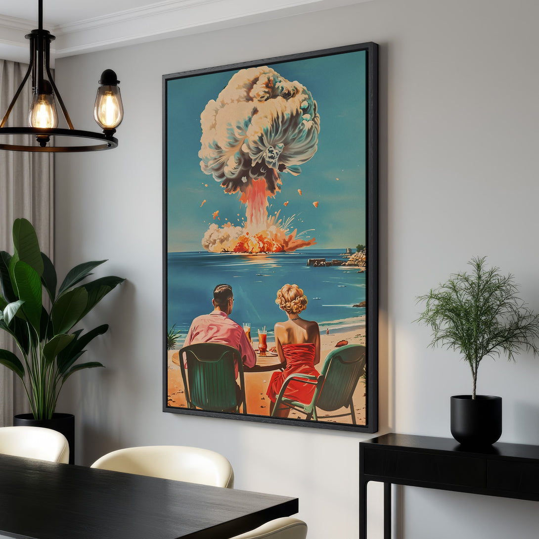 Framed Wall Art: Retro couple on beach watching explosion. Vibrant blue, orange, and teal canvas print. Perfect for adding a pop of color to your home decor.