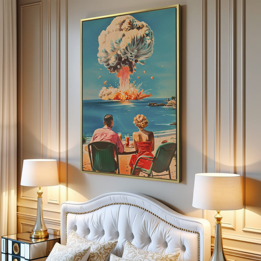 Canvas Print: Retro couple on beach watching explosion art. Vintage style, blue, orange, and teal color palette. Perfect wall decor.
