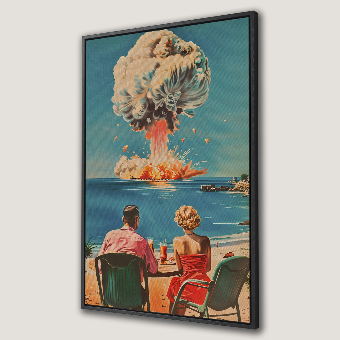 Framed Wall Art: Retro couple on beach watches atomic explosion. Vintage style, vibrant teal, red, and orange color palette. Unique wall decor.