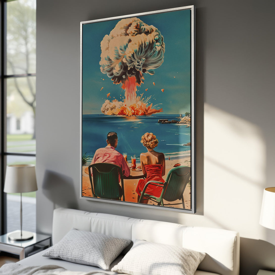 Framed Wall Art: Retro couple on beach watching explosion. Vintage style Canvas Print with teal, orange, and red color palette. Perfect for unique home decor.