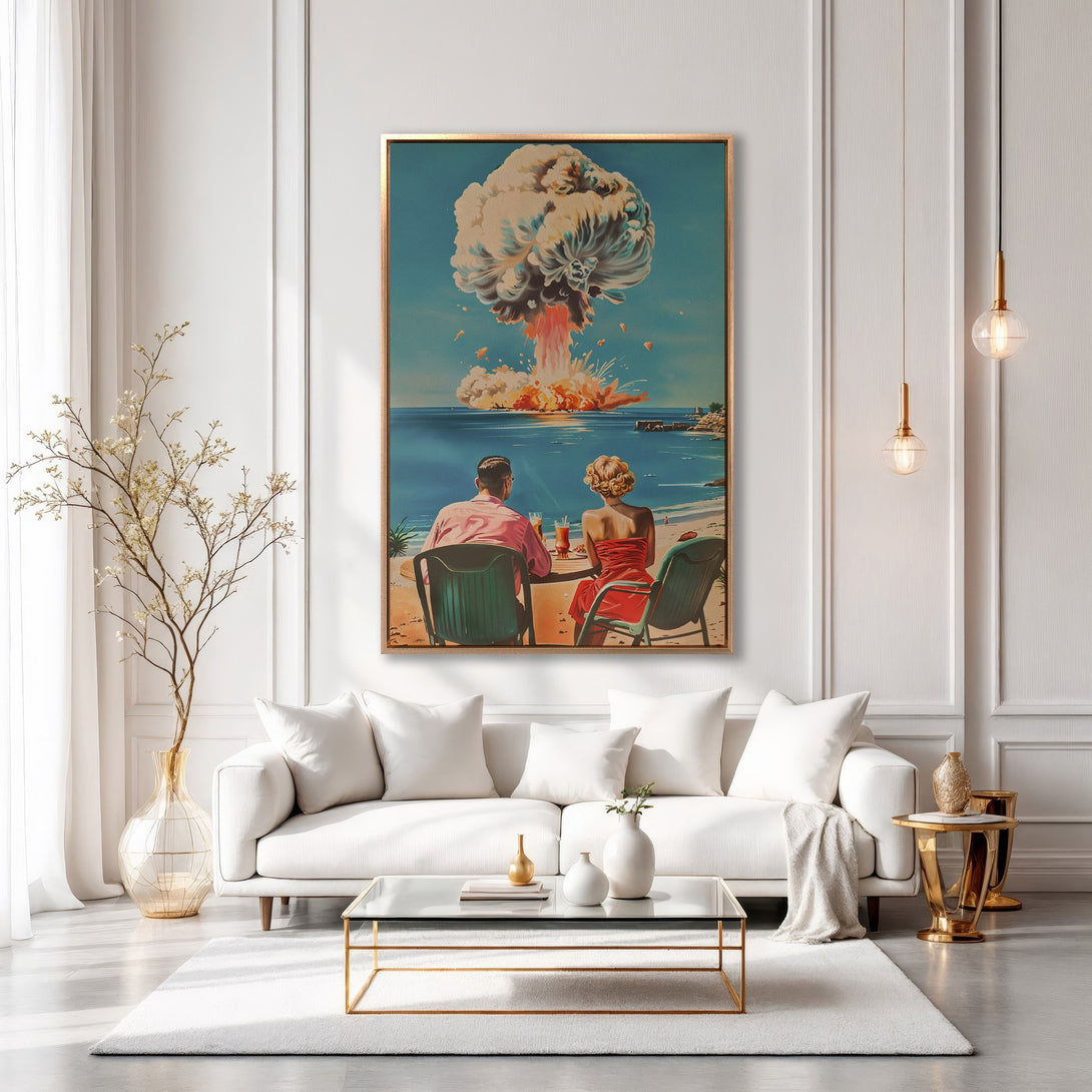 Framed Wall Art: Retro couple on beach watching explosion. Vintage style, vibrant colors. Perfect for modern living room decor. Canvas Print available.