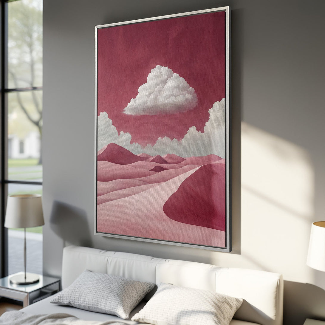 Framed Wall Art featuring a surreal desert landscape in a pink and red color palette. Modern art perfect for any interior.