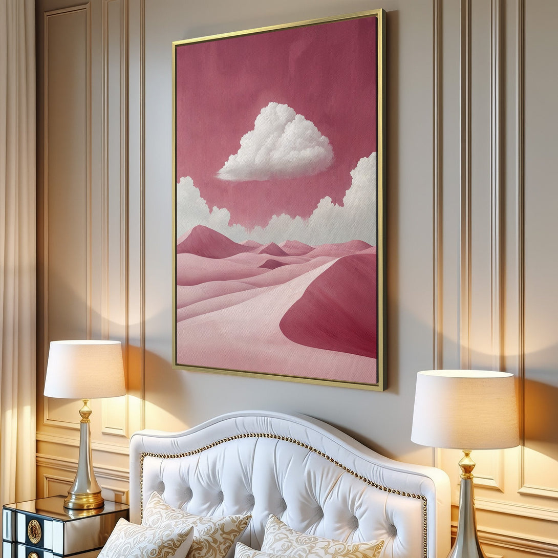 Canvas Print of a desert landscape in a minimalist style with a pink and white color palette, perfect for modern home decor.