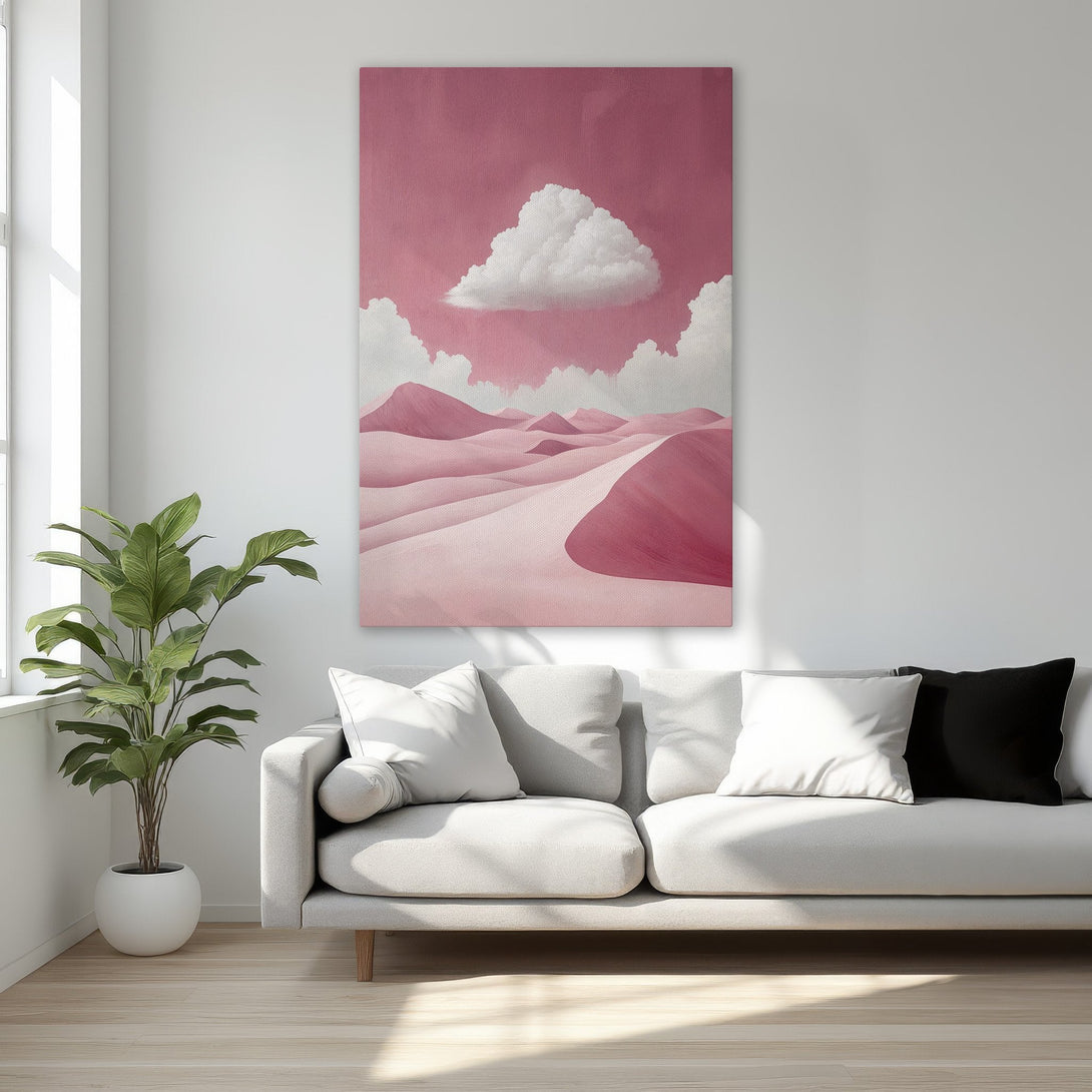 Framed Wall Art: Abstract desert landscape Canvas Print in pink hues, perfect for adding a touch of modern art to your bedroom decor.