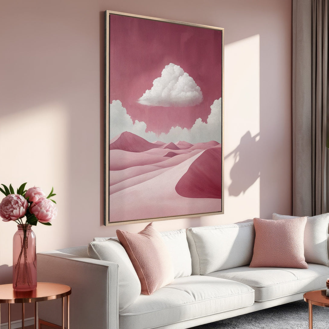 Framed Wall Art: Abstract desert landscape in pink hues. Modern canvas print adds a stylish touch to any space. Shop now for pink wall decor!