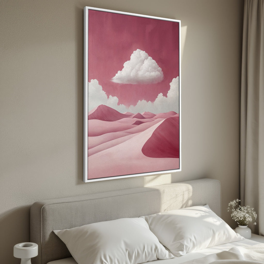 Framed Wall Art: Abstract desert landscape in pink and white. Modern art canvas print, perfect for bedroom decor.