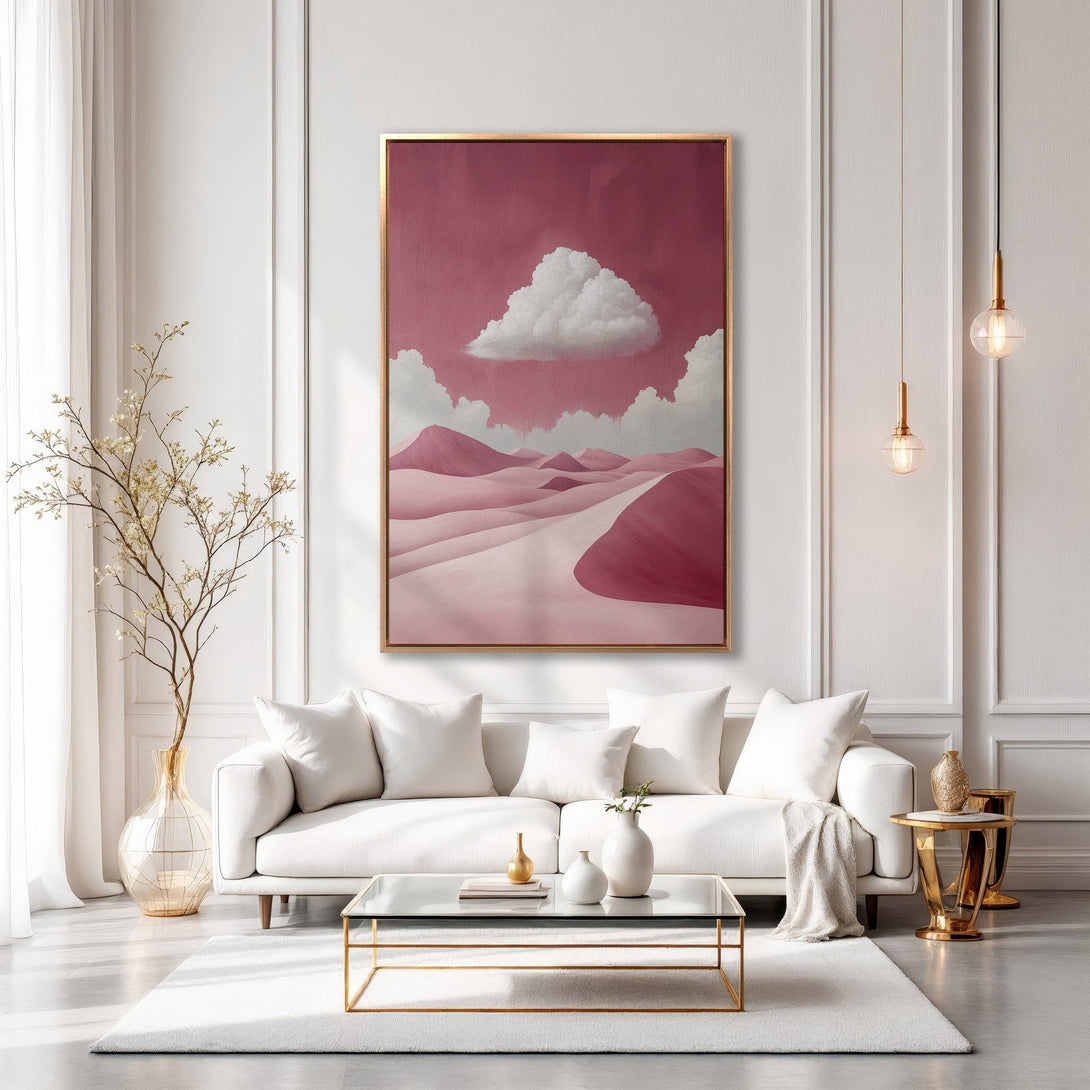 Framed Wall Art: Desert landscape in pink hues, modern style. Elevate your space with this stunning canvas print, perfect for a stylish living room.