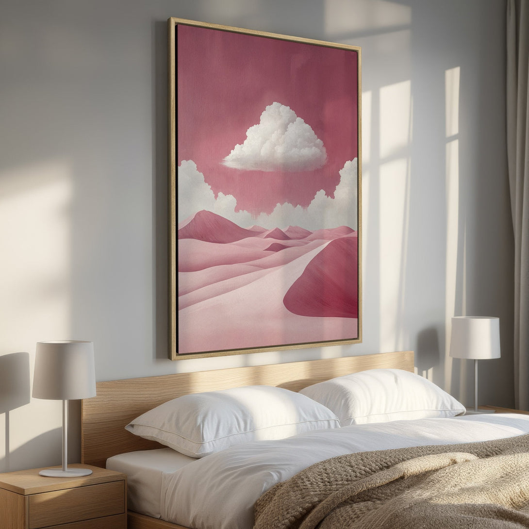 Framed Wall Art: Pink desert landscape Canvas Print. Modern art in a bedroom setting. Soft pink color palette for a calming aesthetic.