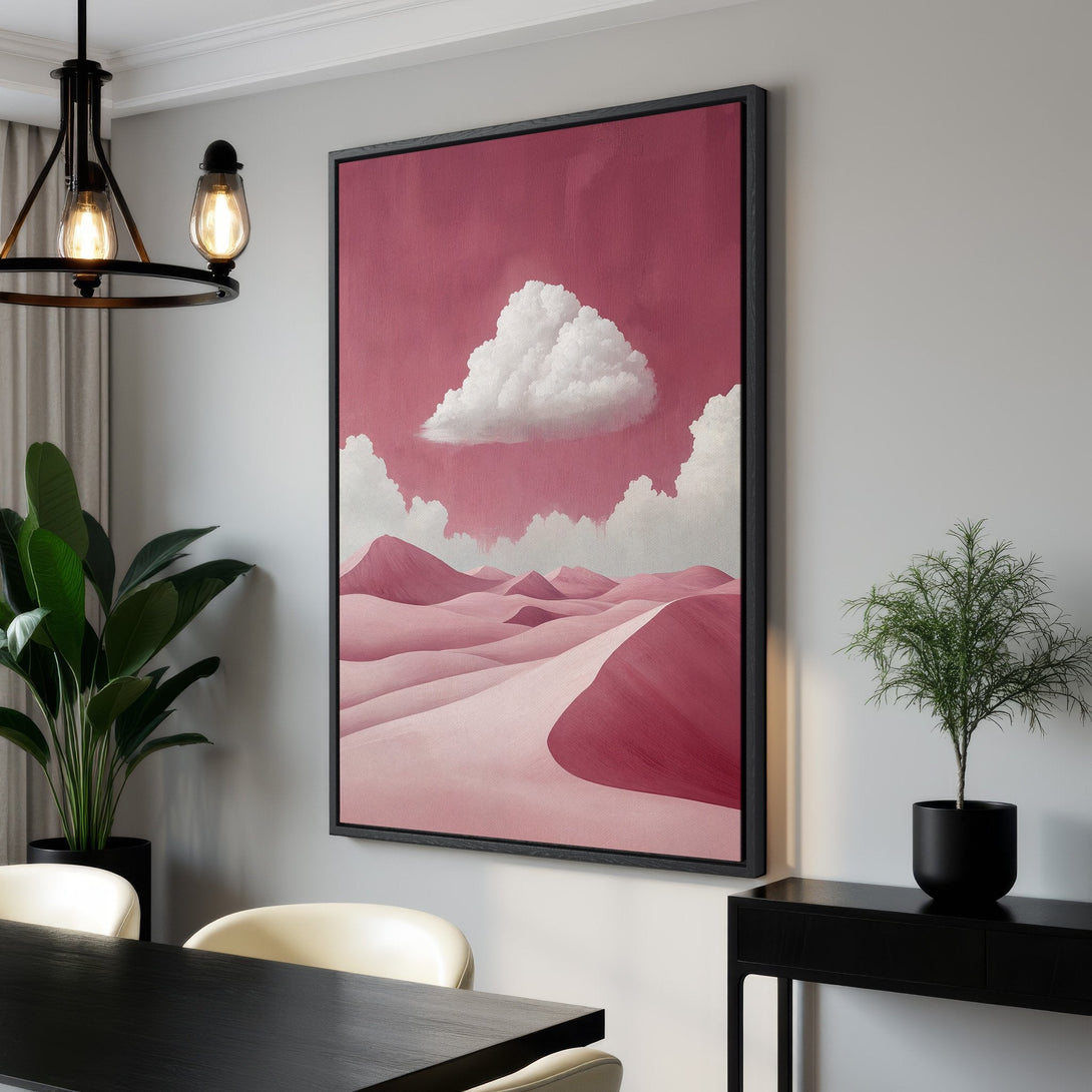 Framed Wall Art featuring a desert landscape in a minimalist style with a pink and white color palette. Perfect for modern home decor.