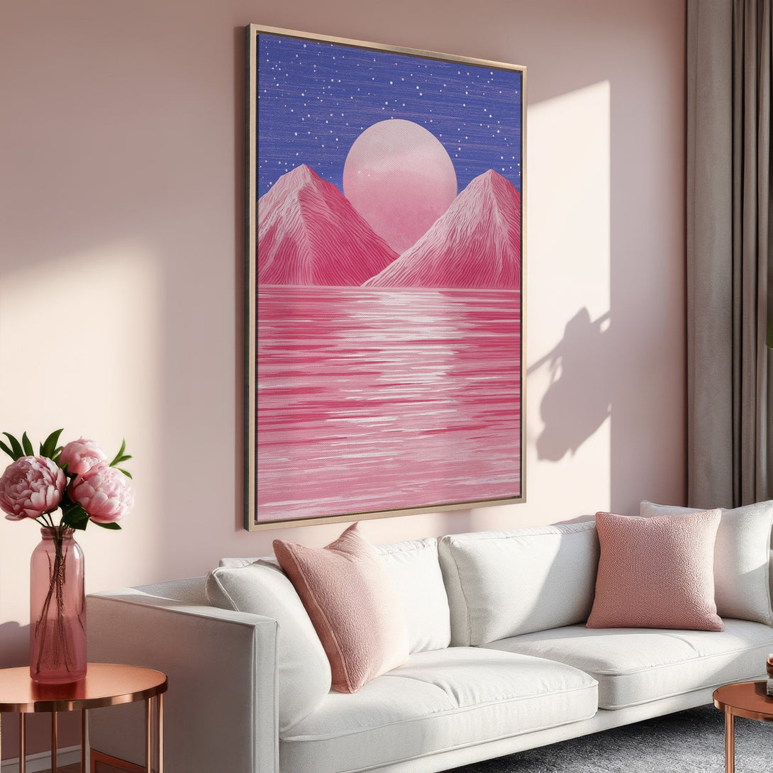 Framed Wall Art featuring a pink mountain landscape. Modern art style with a calming pink and blue color palette, perfect for adding a touch of serenity to any space.