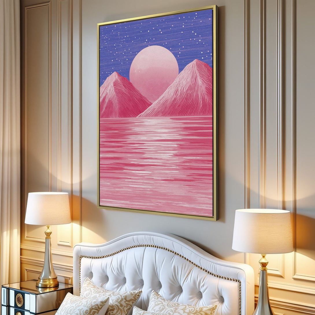 Canvas Print: Abstract landscape art with pink mountains, sun, and water. Modern wall decor in a minimalist interior. Pink and blue color palette.