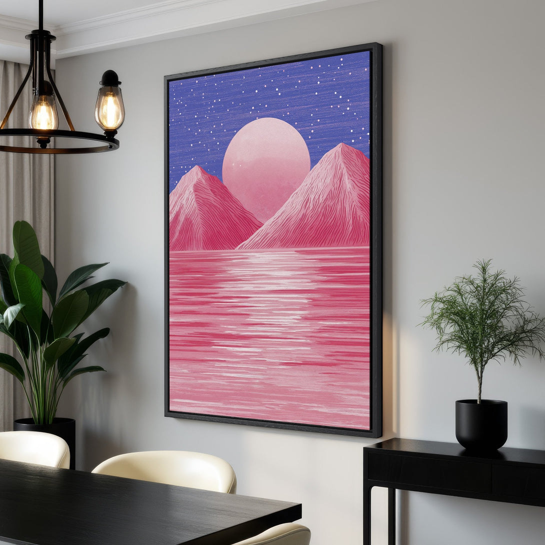 Framed Wall Art: Abstract landscape Canvas Print in pink and blue, featuring mountains and water. Modern art for your home decor.