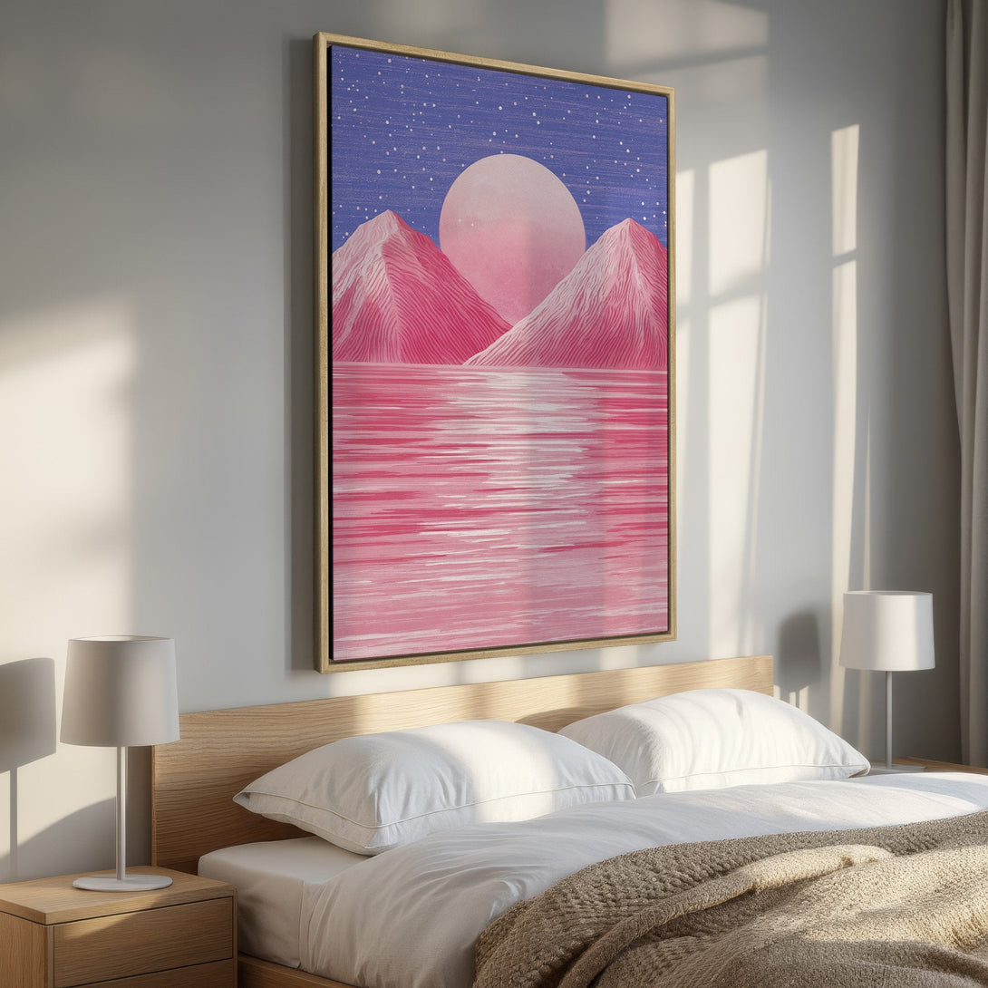 Framed Wall Art: Abstract landscape Canvas Print in pink and blue, featuring mountains and a moon, perfect for bedroom decor.
