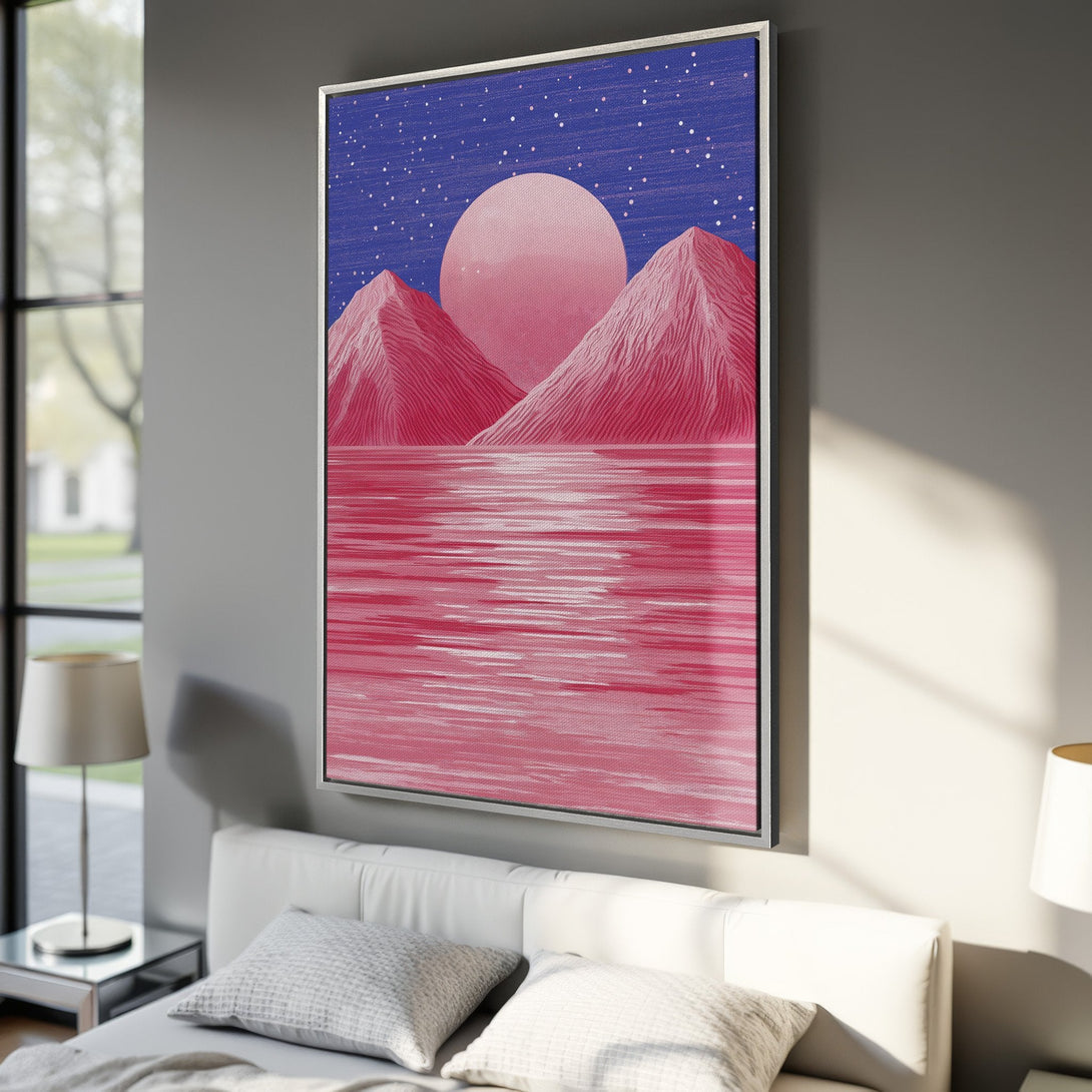 Framed Wall Art: Abstract landscape Canvas Print in pink and blue. Modern art featuring mountains, water, and a starry sky. Perfect for bedroom decor.