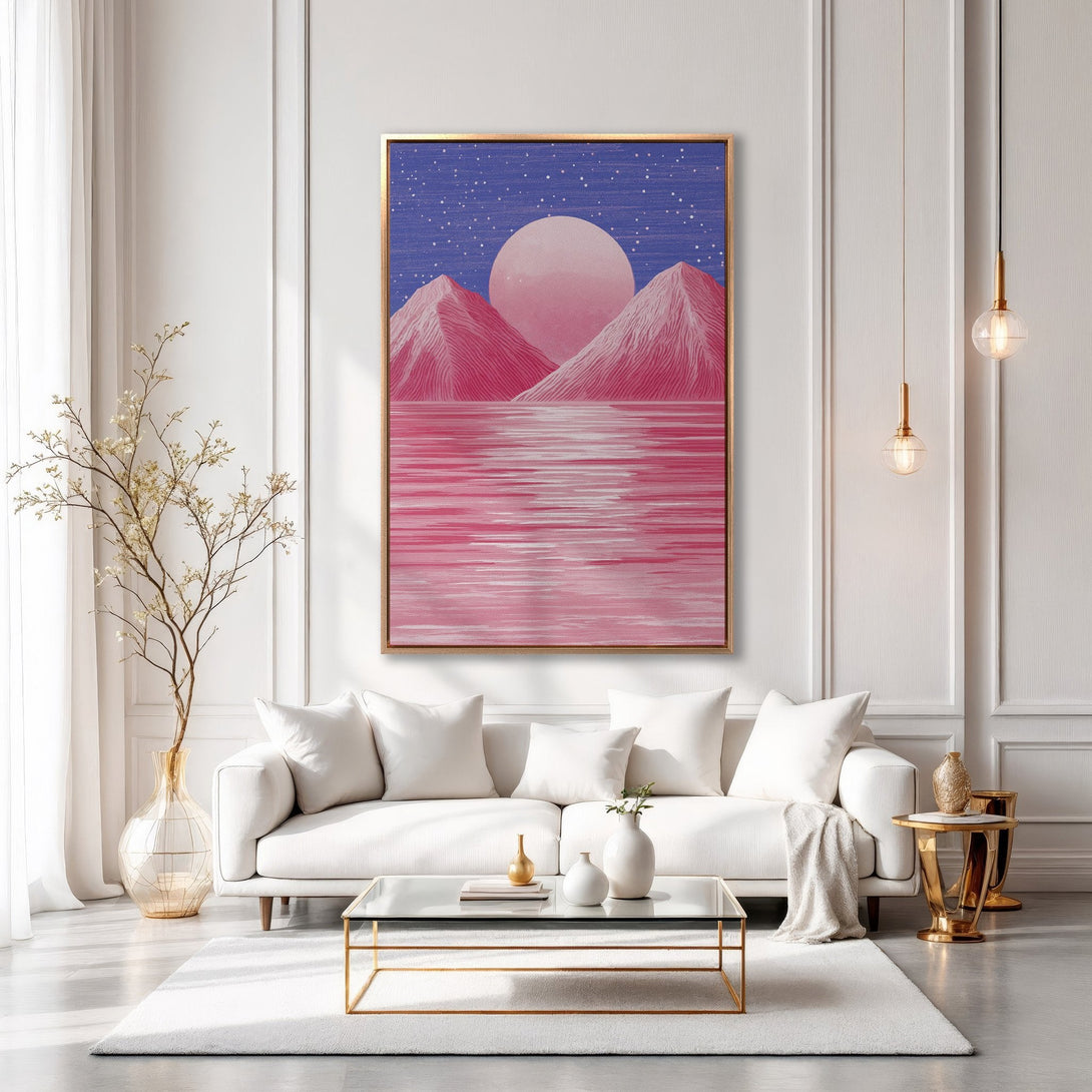 Framed Wall Art: Pink mountain landscape canvas print in a modern living room. Featuring a minimalist style with a pink and blue color palette.