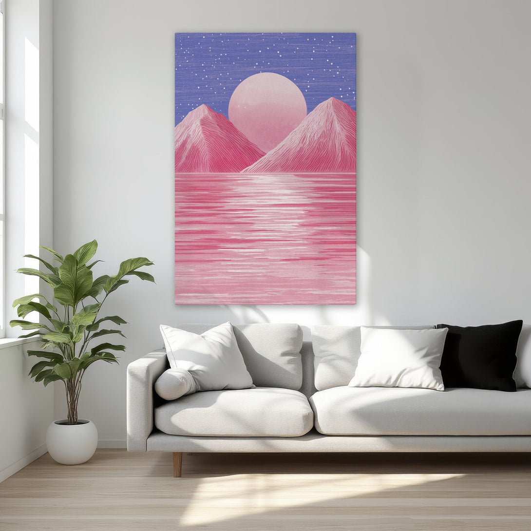 Framed Wall Art featuring a pink mountain landscape with a blue sky. Modern art print in a gold frame, perfect for bedroom decor.