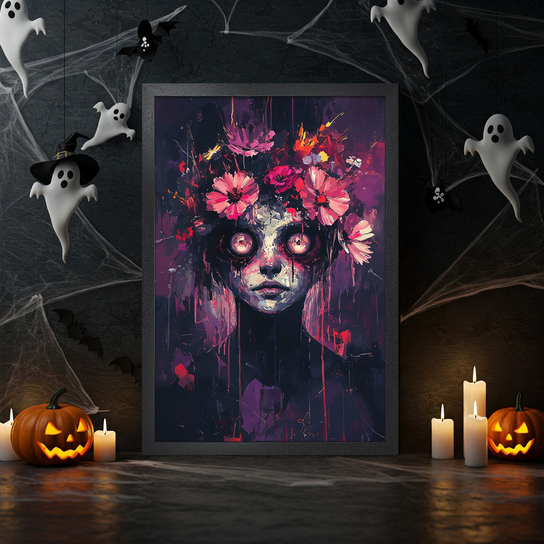Framed Poster: Spooky Halloween art with a floral-crowned woman in a dark, abstract style. Purple and pink color palette. Perfect for Halloween decor!